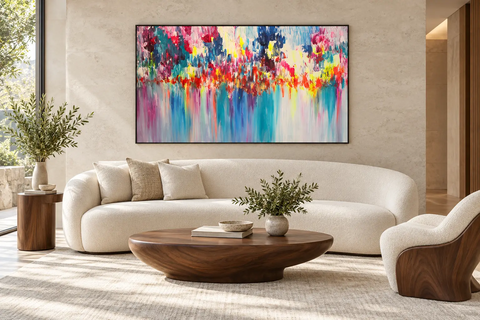 Untitled 397 by Sanjay Patel visualized above an ivory sofa