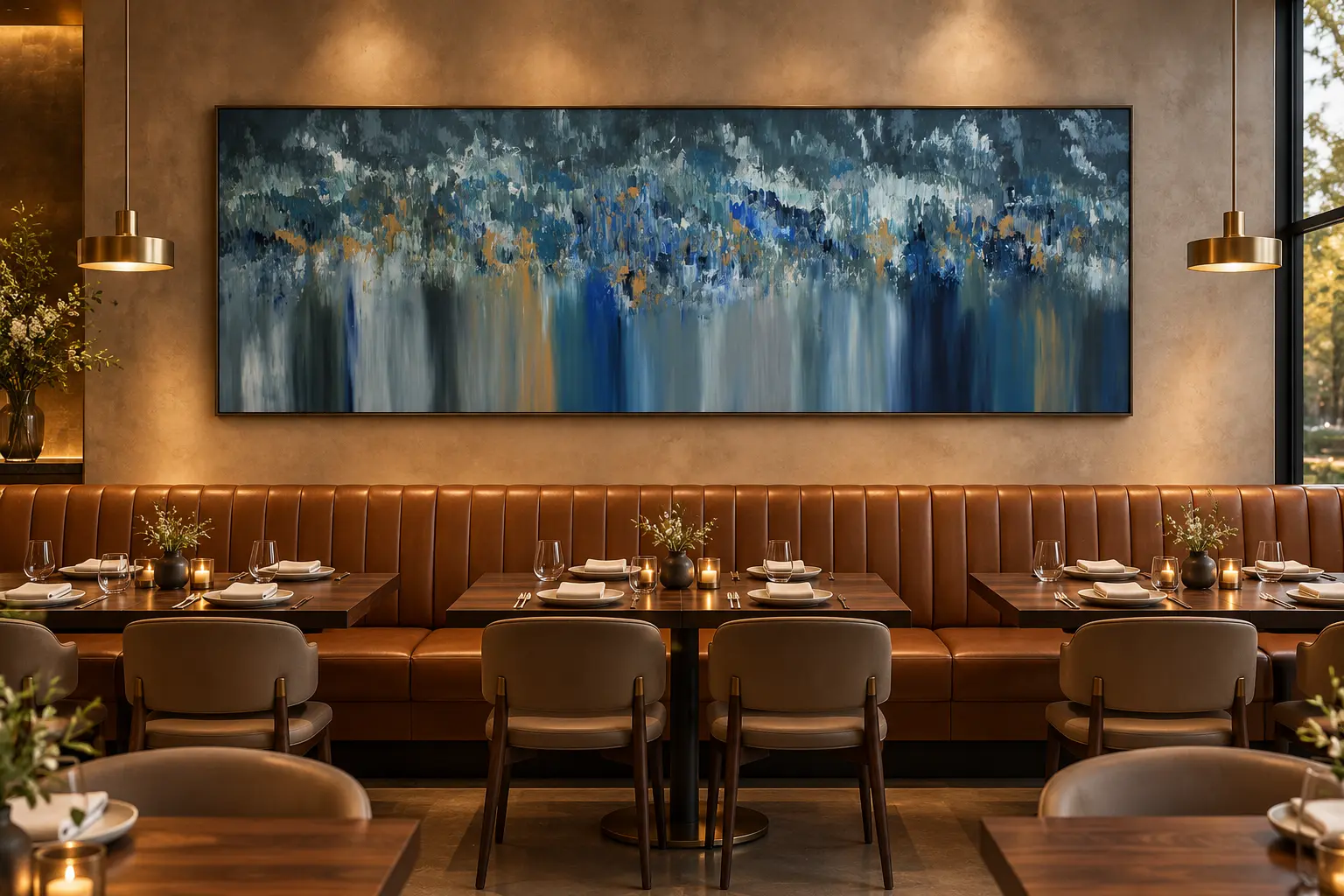 Room visualization of Sanjay Patel’s painting 580 in a sophisticated restaurant
